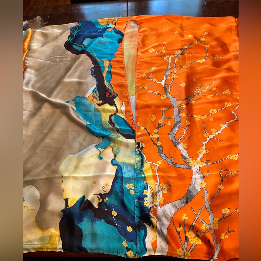 Silky orange and blue print kimono